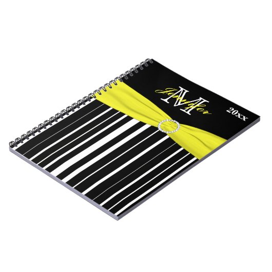 黒パーソナライズされた黄ホワイトノートブストライプのック ノートブック (左側)