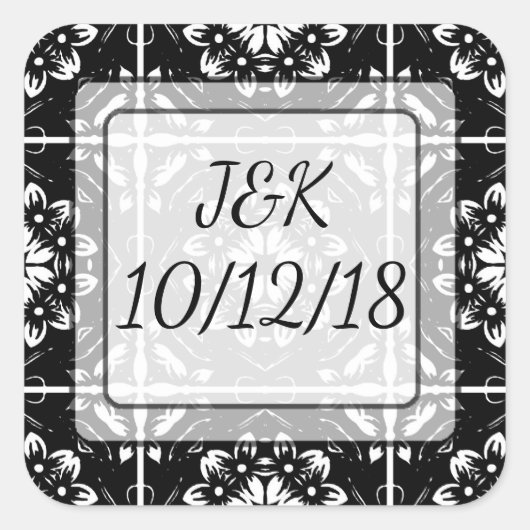 黒パーソナライズされた&白フローラマンダラステッカー スクエアシール (正面)