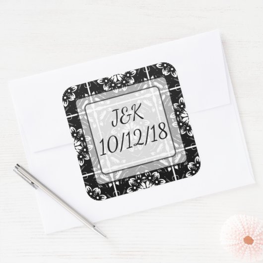 黒パーソナライズされた&白フローラマンダラステッカー スクエアシール (封筒)
