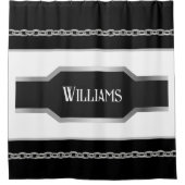 黒パーソナライズされた、白、銀メタリック シャワーカーテン (正面)