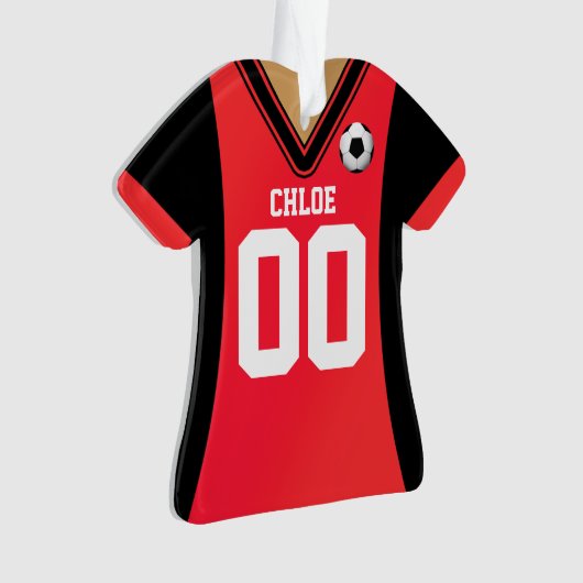 黒パーソナライズされた/赤サッカージャージー オーナメント (正面)