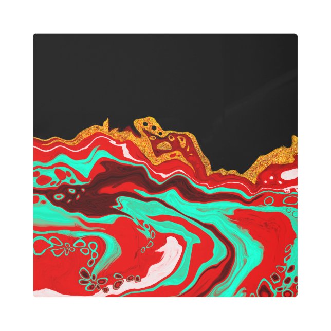 黒パーソナライズされた、金ゴールド、ブルゴーニュ、大理石アート メタルプリント (正面)