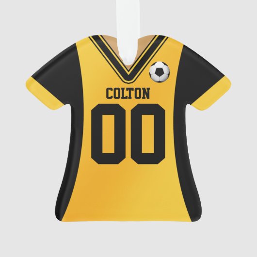 黒パーソナライズされた/黄色のサッカージャージー オーナメント (裏面)