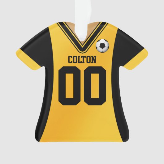 黒パーソナライズされた/黄色のサッカージャージー オーナメント (正面)