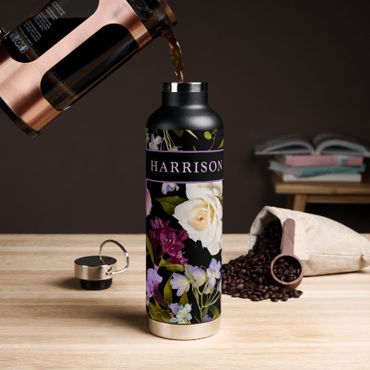 黒ビクトリアン色の白と紫のフローラ/名前 ウォーターボトル (コーヒー)