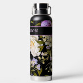 黒ビクトリアン色の白と紫のフローラ/名前 ウォーターボトル (背面)