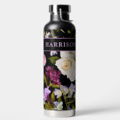 黒ビクトリアン色の白と紫のフローラ/名前 ウォーターボトル (左面)