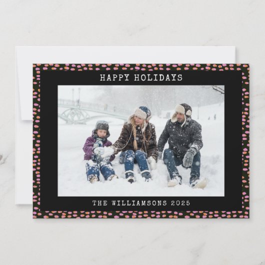 黒ピンクドット抽象パーソナライズフォトホリデー シーズンカード (正面)