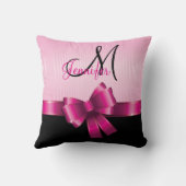 黒ピンクパーソナライズされたグラデーションストライプピンクボウ クッション (裏面)