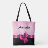 黒ピンクパーソナライズされたグラデーションストライプピンクボウ トートバッグ (裏面)