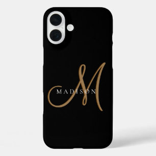 黒ファンシースタイリッシュと金ゴールドのモノグラムのスクリプト iPhone 16 PLUSケース
