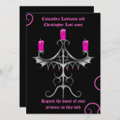 黒ファンシー色のゴシック様式のカンデラブラ結婚ホットピンク 招待状 (正面/裏面)