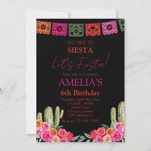 黒フィエスタメキシコの少女の誕生日 招待状 (正面)