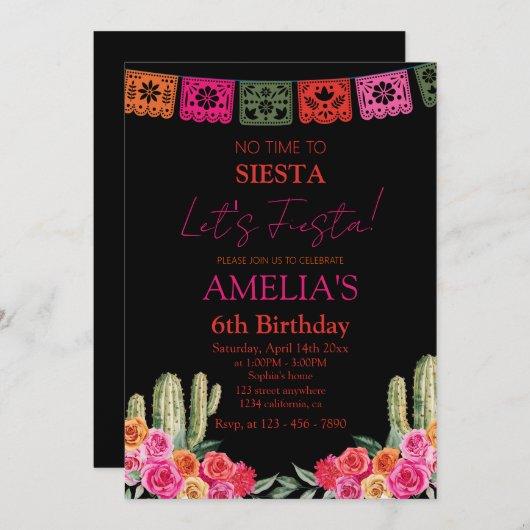 黒フィエスタメキシコの少女の誕生日 招待状 (正面/裏面)