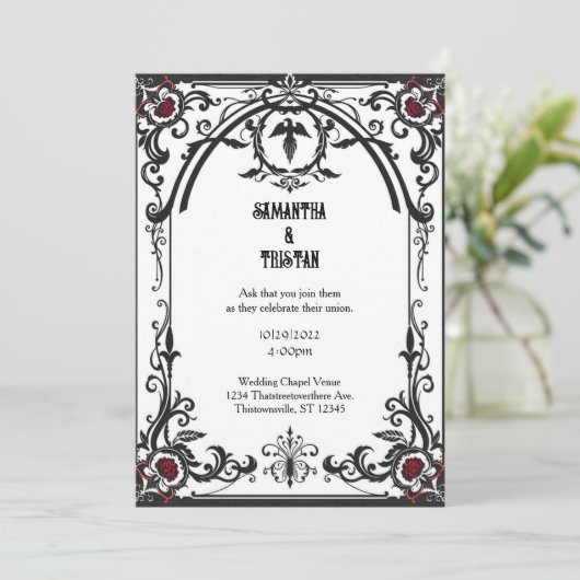 黒フィリグリーバラフレームゴシックヴィンテージウェディング 招待状 (スタンド正面)