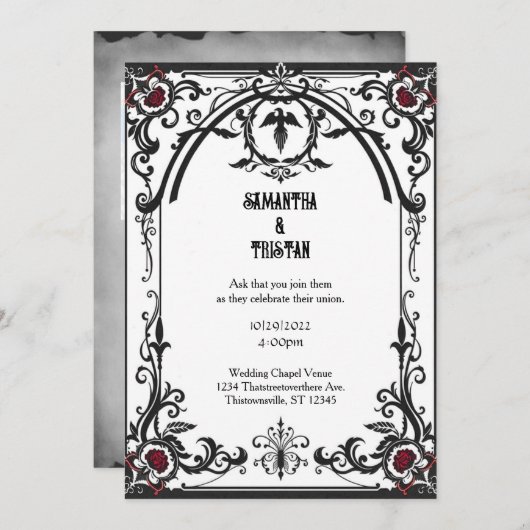 黒フィリグリーバラフレームゴシックヴィンテージウェディング 招待状 (正面/裏面)