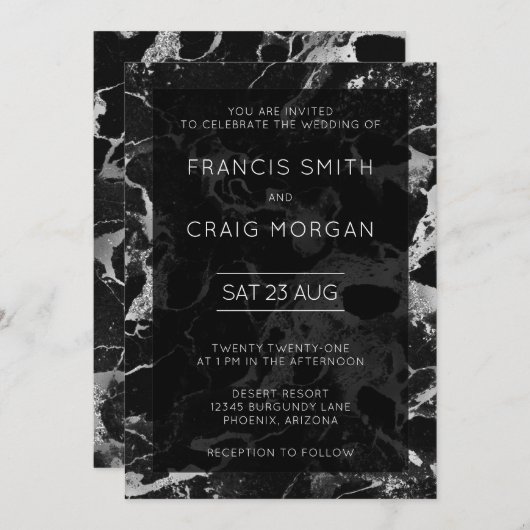 黒フェイクと銀の大結婚理石 招待状 (正面/裏面)