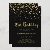黒フェイクの金ゴールド紙吹雪 | 21歳の誕生日パーティー 招待状 (正面/裏面)