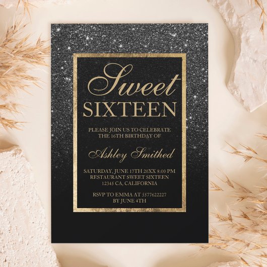 黒フェイクグリッター金ゴールドエレガントシック甘い16 招待状