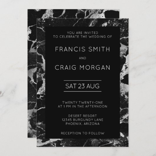 黒フェイク大理石と銀モダン結婚大理石 招待状 (正面/裏面)