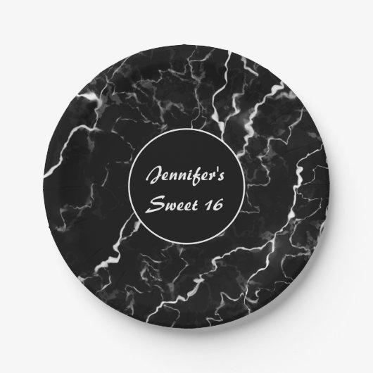黒フェイク大理石テクスチャルスウィート16誕生日 ペーパープレート (正面)
