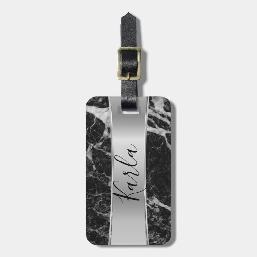 黒フェイク大理石&メタリックシルバー ラゲッジタグ (正面縦)