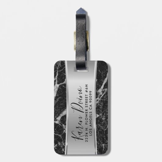 黒フェイク大理石&メタリックシルバー ラゲッジタグ (裏面縦)
