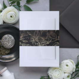 黒フェイク金ゴールドエレガント手描き花模様結婚ズ 招待状ベリーバンド