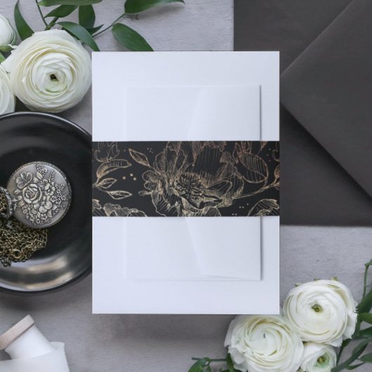 黒フェイク金ゴールドエレガント手描き花模様結婚ズ 招待状ベリーバンド