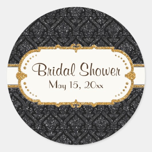 黒フェイク金ゴールドグリッターダマスク結婚式文房具 ラウンドシール (正面)