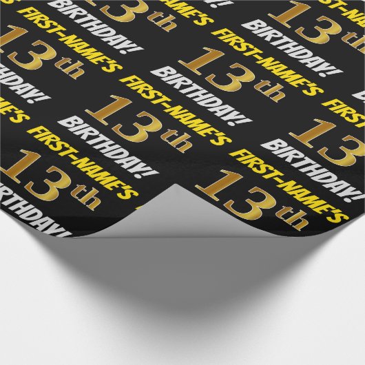黒フェイク/模造金ゴールド「第13誕生日」 ラッピングペーパー (角)