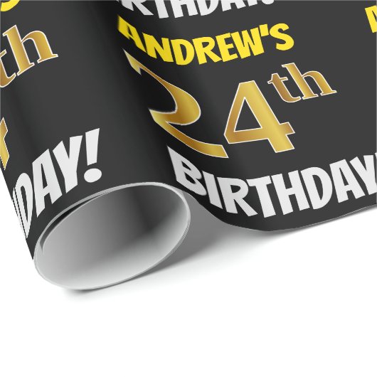 黒フェイク/模造金ゴールド「24誕生日」 ラッピングペーパー (ロールコーナー)