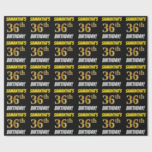 黒フェイク/模造金ゴールド「36誕生日」 ラッピングペーパー (フラット)