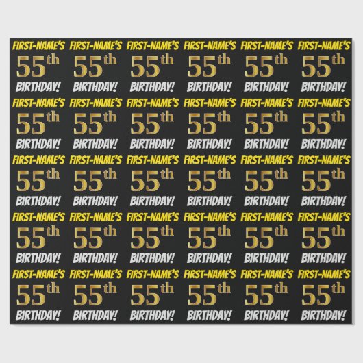 黒フェイク/模造金ゴールド「55誕生日」 ラッピングペーパー (フラット)