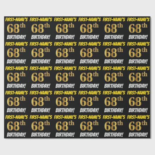 黒フェイク/模造金ゴールド「68誕生日」 ラッピングペーパー (フラット)