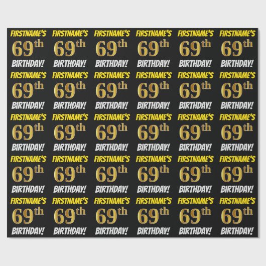 黒フェイク/模造金ゴールド「69誕生日」 ラッピングペーパー (フラット)