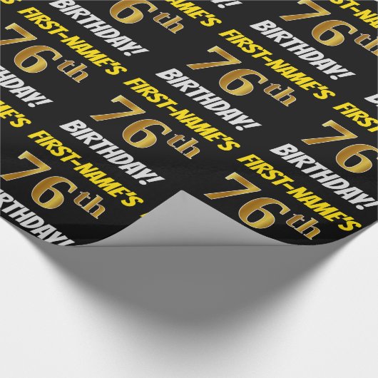 黒フェイク/模造金ゴールド「76誕生日」 ラッピングペーパー (角)