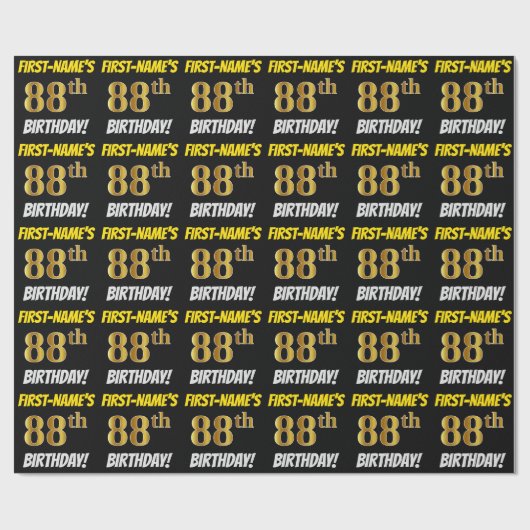 黒フェイク/模造金ゴールド「88誕生日」 ラッピングペーパー (フラット)