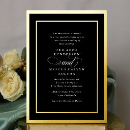 黒フォーマルと白のスクリプトゴールデンフレーム結婚ズ 箔招待状