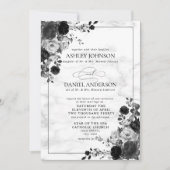 黒フォーマルと白の花の水色 招待状 (正面)