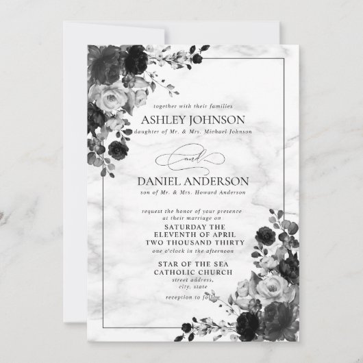 黒フォーマルと白の花の水色 招待状 (正面)