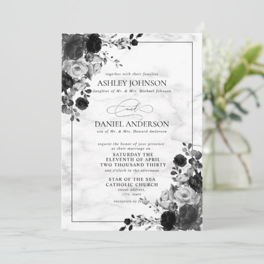 黒フォーマルと白の花の水色 招待状 (スタンド正面)