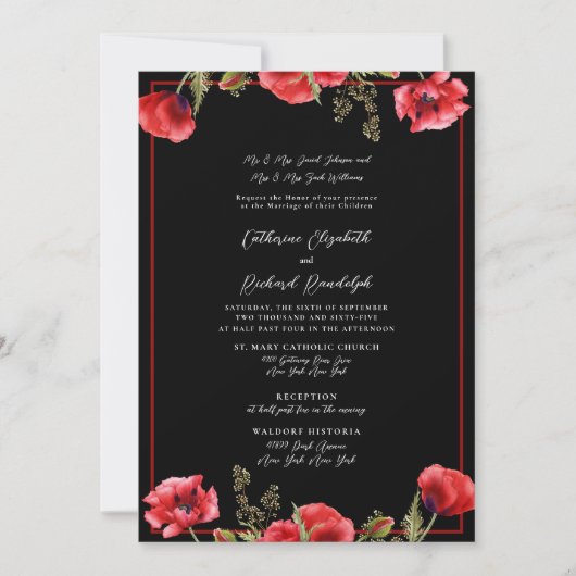 黒フォーマルと赤のフローラ結婚式招待状 招待状 (正面)
