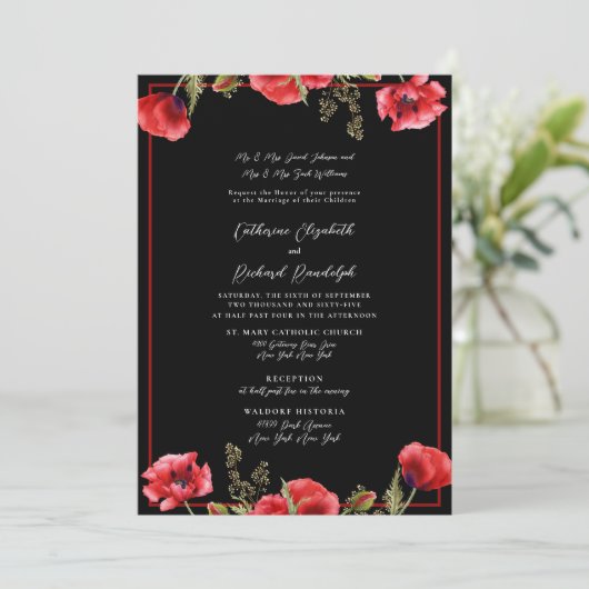 黒フォーマルと赤のフローラ結婚式招待状 招待状 (スタンド正面)