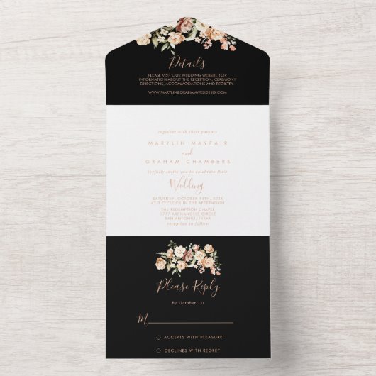 黒フォーマル王室のフローラ結婚 オールインワン招待状 (内側)