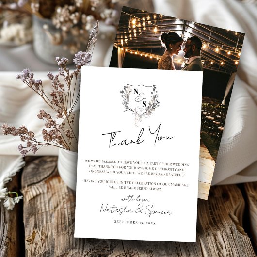 黒フォーマル白フローラクレストモノグラム結婚ズ サンキューカード