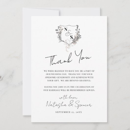黒フォーマル白フローラクレストモノグラム結婚ズ サンキューカード (正面)