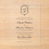 黒フォーマル白フローラモノグラムクレスト結婚 アクリル招待状 (正面)