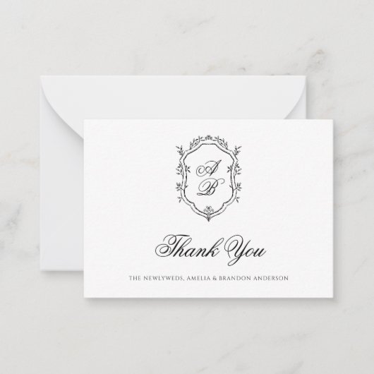 黒フォーマル白フローラモノグラムクレスト結婚 ノートカード (正面)