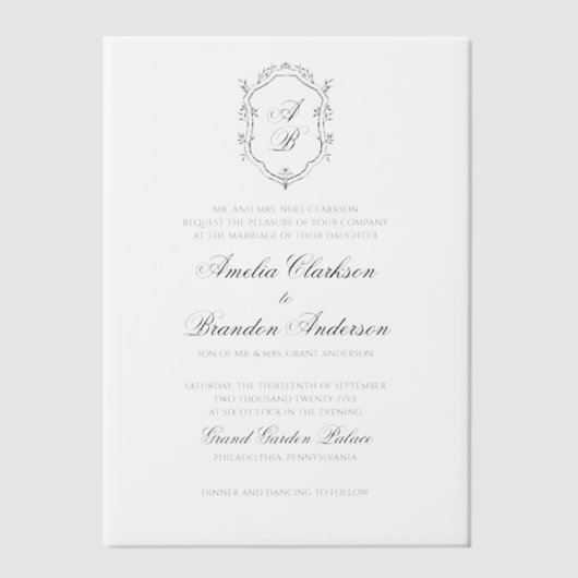 黒フォーマル白フローラモノグラムクレスト結婚 ベラム紙招待状 (正面)